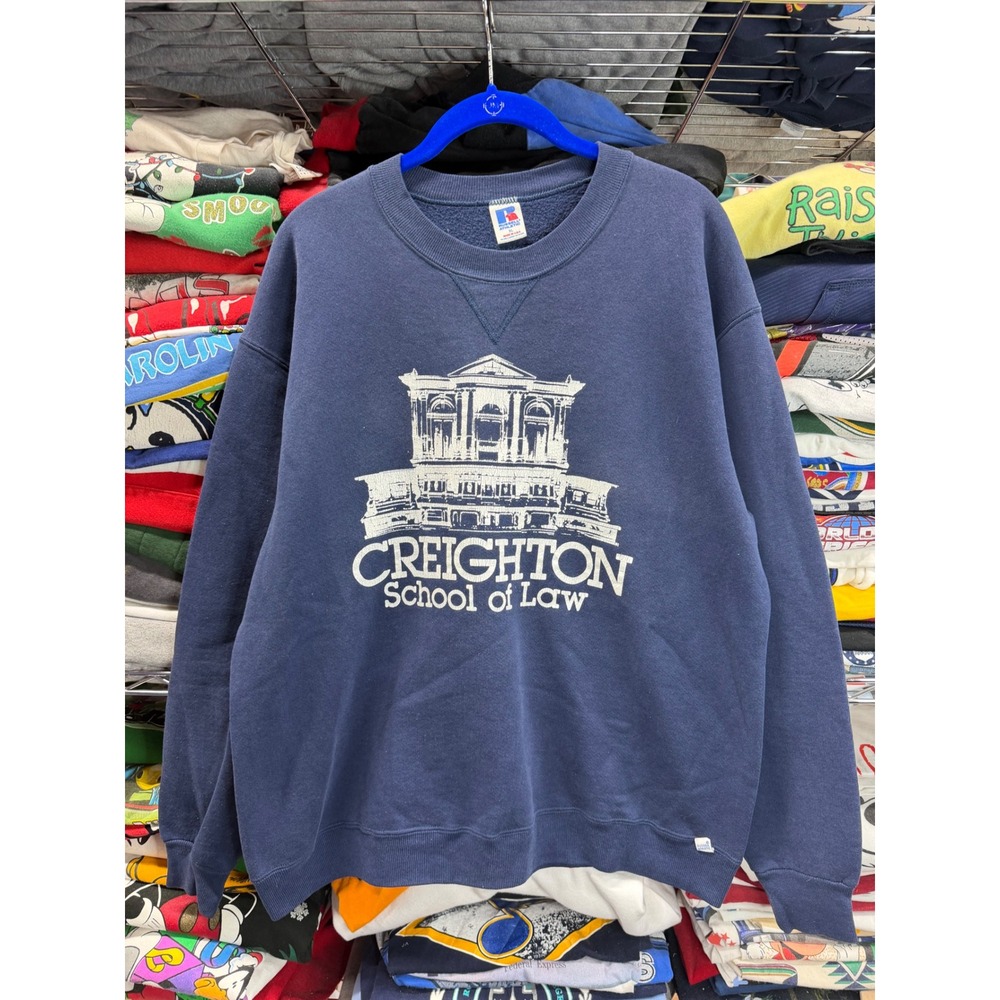 Vintage 90s Russell Athletic Creighton School of Law Navy Blue XL USA 8929